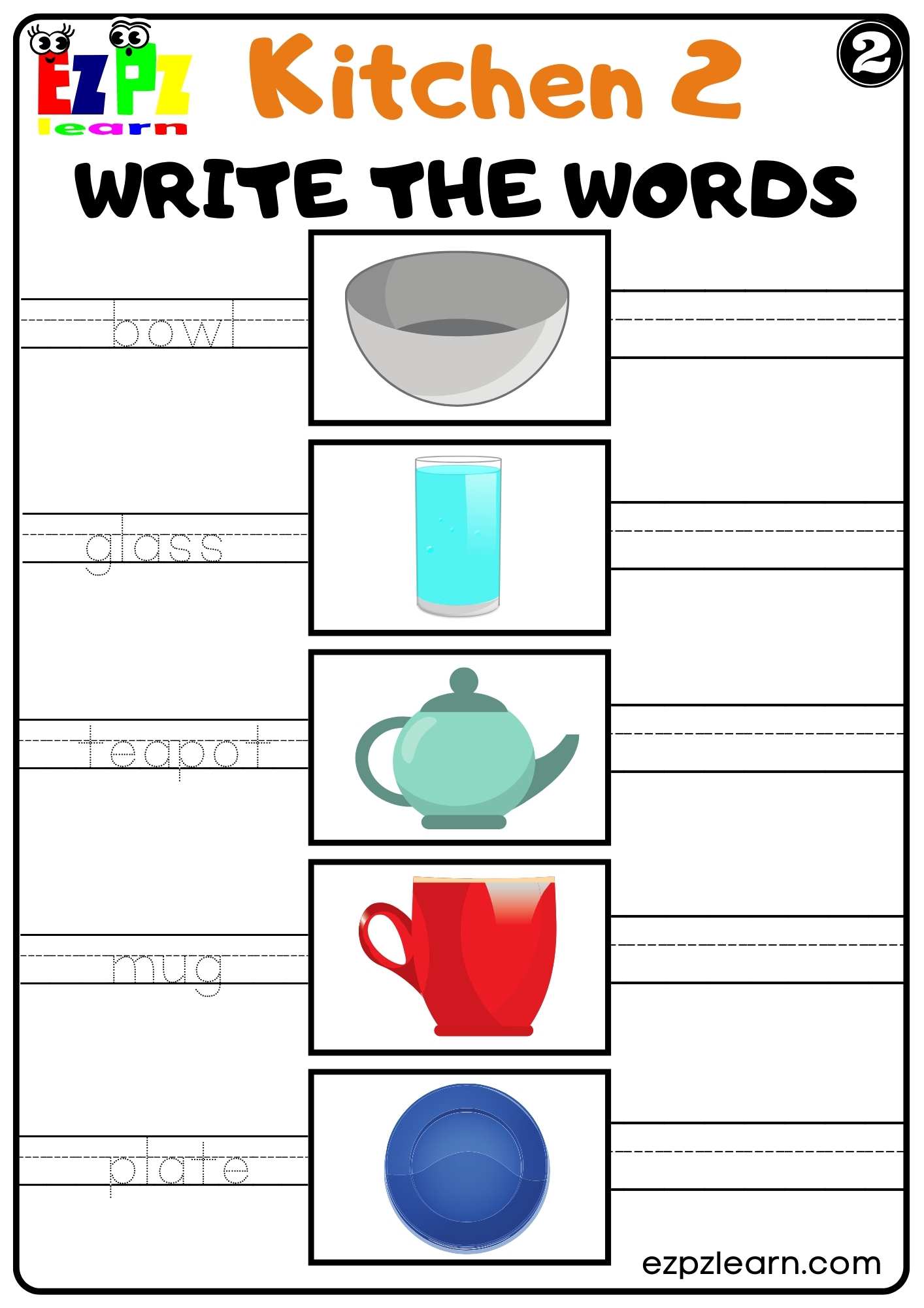 Kitchen Utensils Write the Words Worksheet for K5 Homeschool and ESL